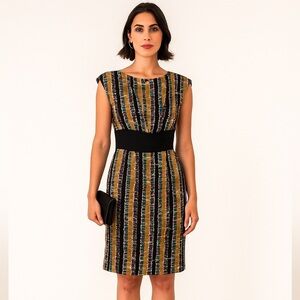 Trina Turk 100% Silk Abstract Purple Gold Black Stripe Dress Sz 2 Sleeveless